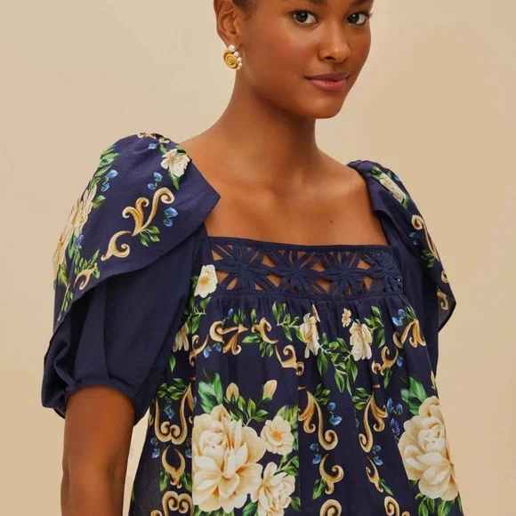 Farm Rio: Blue Flower Tapestry Yoke Blouse - Picture 1 of 6